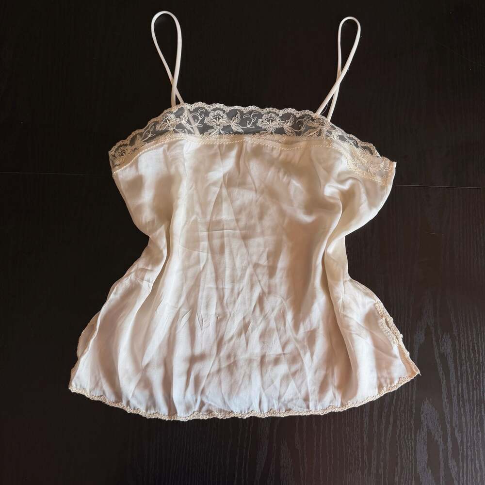 Simone Perele Paris Vintage 100% Silk Lace Trim Camisole Top Off White Size L